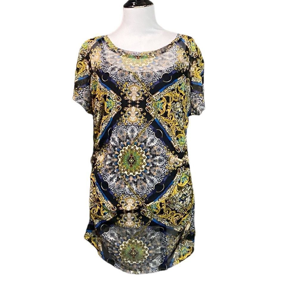 INC INTERNATIONAL Concepts Sheer Mesh Short Sleeve Top Ruched Sides Y2K